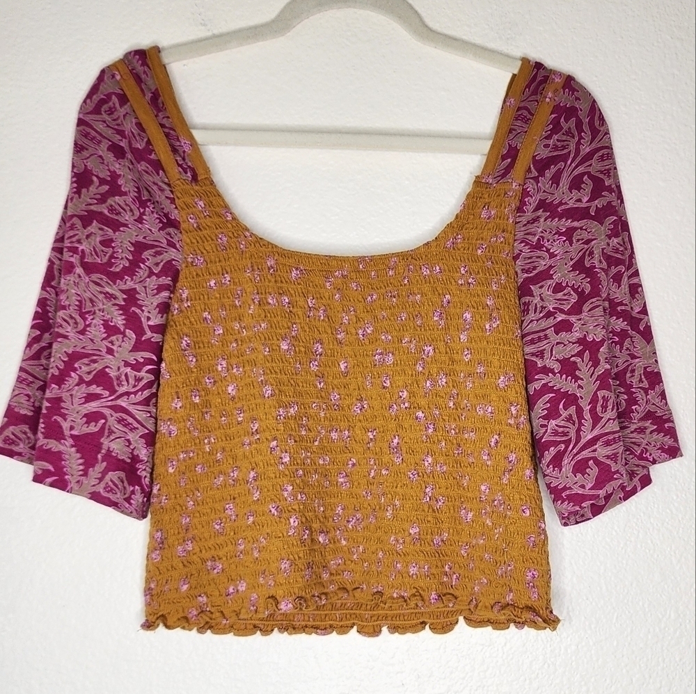 Free People Marigold and Pink Smocked Crop Blouse L - Picture 5 of 8